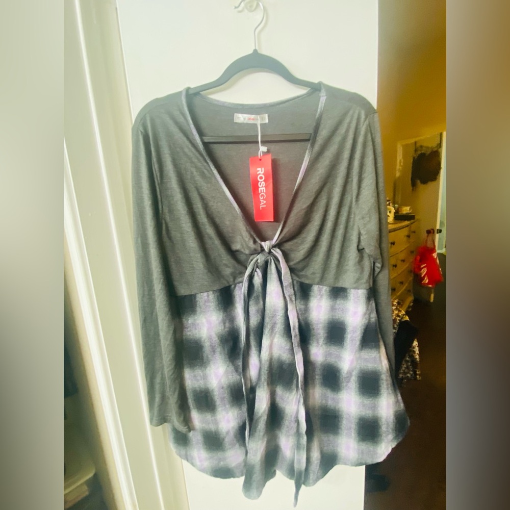 Rosegal Gray Plaid Tie Front Long Sleeve Top | 1X Plus NWT